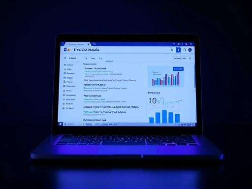 어두운 배경 위로 빛나는 노트북 화면에 블로그 검색 결과 페이지가 선명하게 표시되어 있습니다.