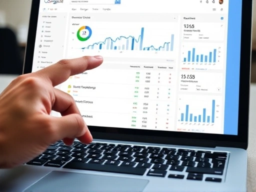 두 손이 노트북 키보드 위에 놓여 있고, 화면에는 구글 서치 콘솔(Google Search Console)의 검색 실적 보고서 화면이 클로즈업되어 있습니다.