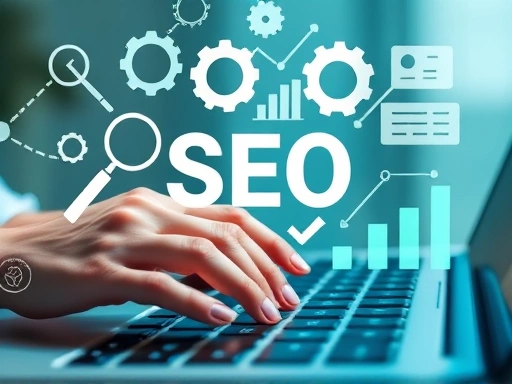 다양한 SEO 관련 아이콘(돋보기, 톱니바퀴, 링크, 차트)들이 정교하게 배열되어 있는 클로즈업 이미지