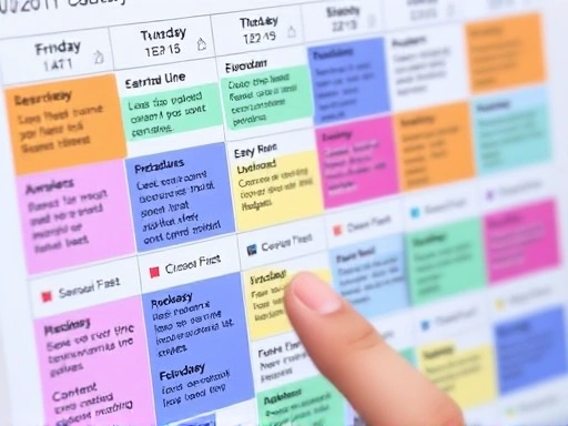 다채로운 색상의 콘텐츠 캘린더 앱 화면을 클로즈업한 사진.