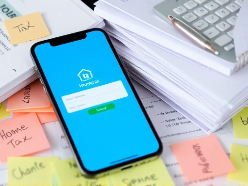 정리된 서류 더미와 함께 클로즈업된 스마트폰이 놓여있고, 화면에는 홈택스 웹사이트의 로그인 화면이 선명하게 보인다.