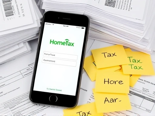 정리된 서류 더미와 함께 클로즈업된 스마트폰이 놓여있고, 화면에는 홈택스 웹사이트의 로그인 화면이 선명하게 보인다.