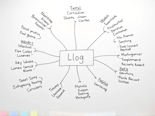 화이트보드에 깔끔하게 정리된 마인드맵 형태의 블로그 교육 콘텐츠 커리큘럼.