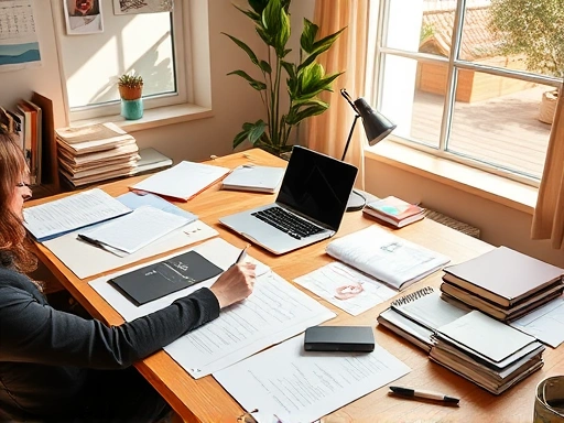 넓은 책상 위, 다양한 학습 교재와 노트북이 펼쳐져 있고, 한 손에는 펜을 든 채 생각에 잠긴 사람이 블로그 콘텐츠 기획 아이디어를 정리하고 있는 모습