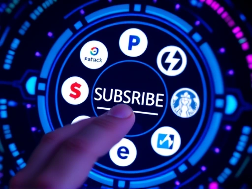 다양한 블로그 구독 플랫폼의 아이콘들이 원형으로 배치되어 있고, 그 중앙에는 'SUBSCRIBE' 버튼이 강조된 디지털 인터페이스의 클로즈업.