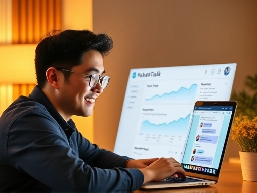 한 남성이 노트북 앞에 앉아 밝은 표정으로 카카오톡 채널 관리자 페이지를 보고 있습니다.