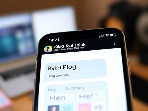 스마트폰 화면이 클로즈업되어 있으며, 카카오톡 채널 메시지로 블로그 새 글 알림이 도착한 모습