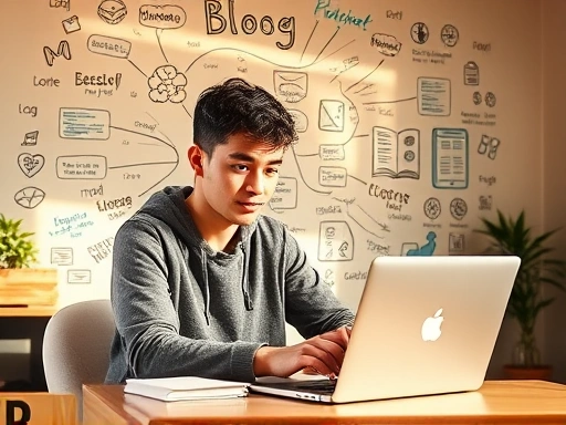 젊은 남성이 노트북 앞에 앉아 마인드맵을 그리며 아이디어를 구상하는 모습