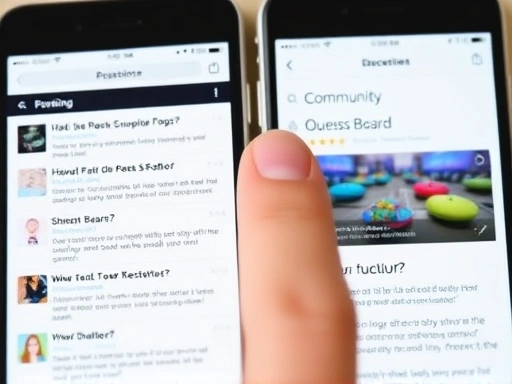 두 개의 스마트폰 화면이 나란히 놓여 있는데, 한 화면에는 인기 블로그의 글 목록이, 다른 화면에는 커뮤니티의 질문 게시판이 열려 있다.