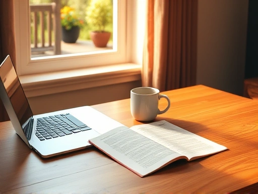 깔끔한 나무 책상 위에 놓인 노트북과 커피 한 잔, 옆에는 정성스럽게 작성된 블로그 글의 원고가 놓여 있습니다.