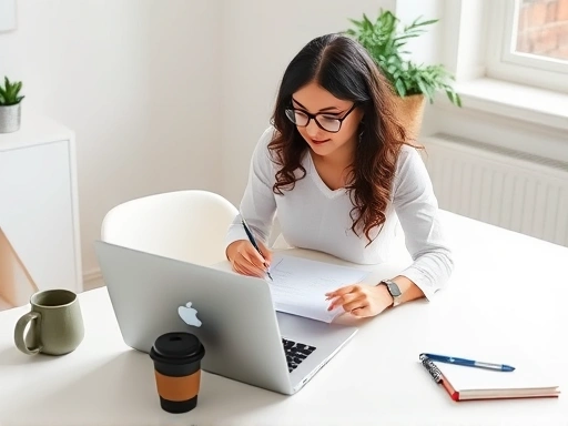 밝고 현대적인 블로그 작업 공간에서 노트북을 열고 진지하게 기업 제안서를 작성하는 블로거의 모습