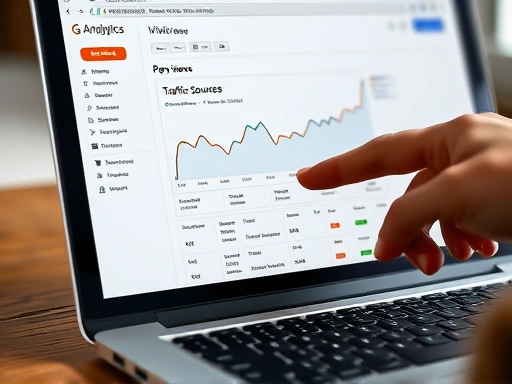 블로그 분석을 위해 구글 애널리틱스 대시보드가 열린 노트북 화면을 클로즈업한 모습