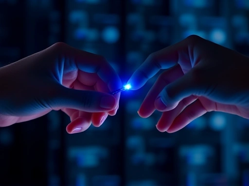 두 손이 교차하며 디지털 링크 아이콘을 생성하는 클로즈업 이미지