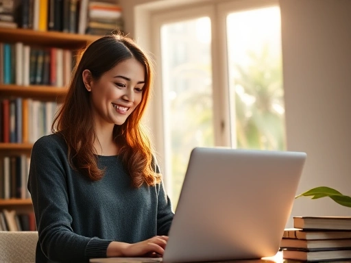 아름다운 서재 공간, 다양한 색상의 책들이 깔끔하게 정리된 책장 앞에서 한 여성이 노트북을 바라보며 미소 짓고 있다.