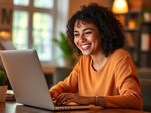 밝고 따뜻한 조명 아래, 노트북 앞에서 미소를 짓는 인물이 블로그 댓글 창을 활발하게 확인하며 독자와 소통하는 모습