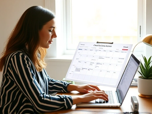 한 여성이 노트북 앞에서 콘텐츠 캘린더를 보며 블로그 데드라인 관리 전략을 짜는 모습