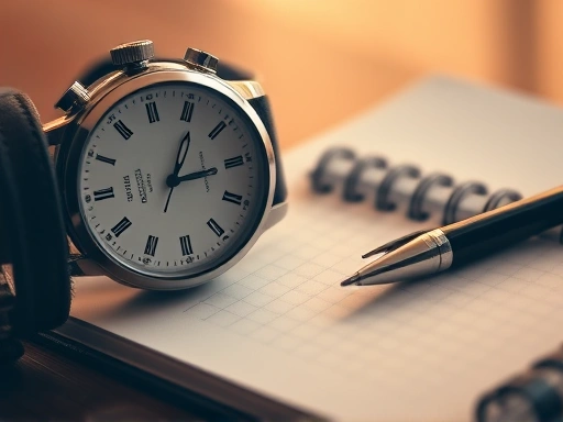 디테일한 손목시계 클로즈업 샷으로 데드라인의 중요성을 상징하며, 따뜻한 조명 아래 다이어리와 펜이 놓여 있어 계획적인 관리를 강조한다.