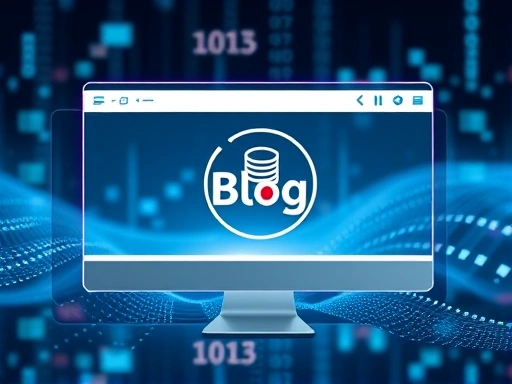 데이터베이스 아이콘이 있는 디지털 블로그 화면, 블로그가 빠르게 로딩되는 것을 상징하는 속도계 이미지