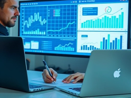 모니터 화면에 그래프와 통계 데이터가 명확하게 보이는 장면