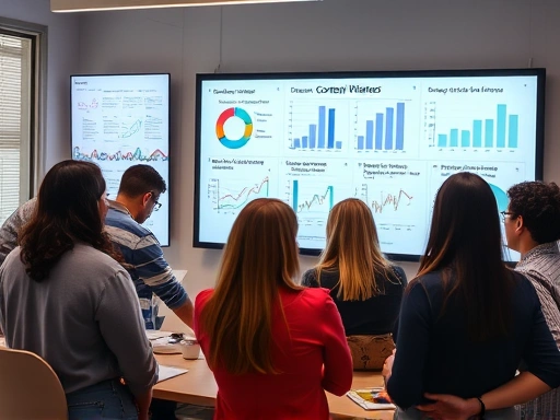 다양한 그래프와 차트가 펼쳐진 대형 스크린 앞에서 콘텐츠 기획자들이 열띤 토론을 벌이는 모습