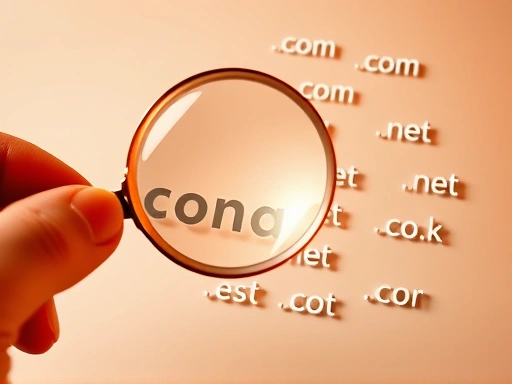 돋보기로 도메인 주소의 글자 하나하나를 섬세하게 확인하는 손의 클로즈업.