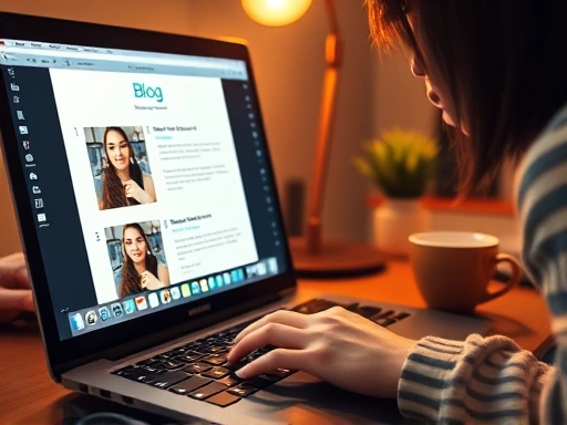 밝고 따뜻한 조명 아래, 키보드와 노트북이 놓인 블로그 작업 공간.