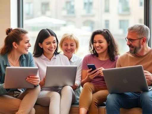 다양한 연령대의 사람들이 모여 앉아 노트북과 스마트폰을 들고 대화를 나누는 모습