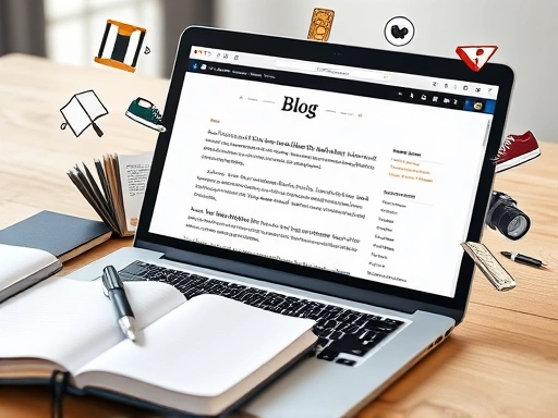 개인의 노트북 화면에 블로그 콘텐츠가 표시되고, 그 옆에는 노트와 펜, 그리고 독자의 관심사를 나타내는 아이콘(책, 카메라, 운동화 등)들이 놓여 있습니다.