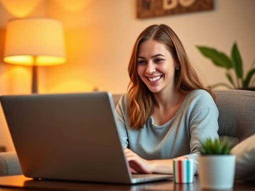한 여성이 노트북 앞에서 편안하게 미소를 지으며 블로그를 운영하는 모습
