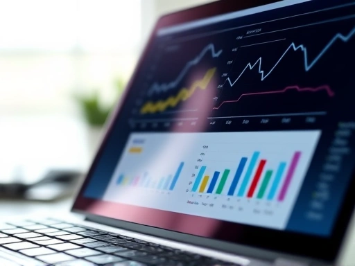 노트북 화면에 그래프와 통계 자료가 표시된 클로즈업 샷, 데이터 분석을 통해 블로그 성과를 측정하고 개선하는 과정을 시각적으로 강조