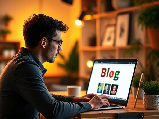 창의적인 아이디어로 가득 찬 모던한 작업 공간에서 한 남자가 노트북 화면을 보며 블로그 로고 디자인 작업에 몰두하고 있다.