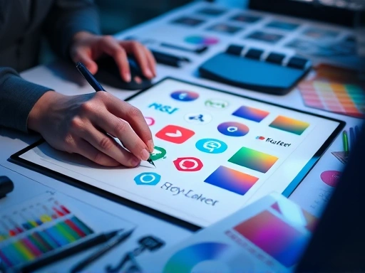 다양한 색상 팔레트와 디자인 도구들이 펼쳐진 테이블 위로, 손이 마우스와 태블릿 펜을 사용하여 로고와 컬러 조합을 섬세하게 조작하는 클로즈업 샷.