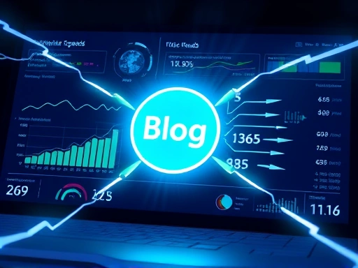 다양한 그래프와 차트가 펼쳐진 디지털 대시보드 화면에 밝게 빛나는 블로그 아이콘이 중앙에 위치하며, 주변으로는 로딩 속도 개선을 상징하는 번개와 화살표들이 역동적으로 움직이는 모습