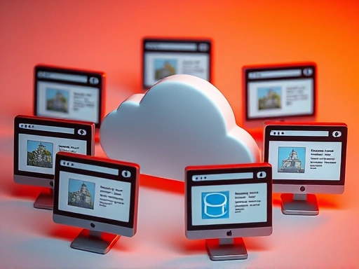 여러 개의 작은 컴퓨터 화면들이 클라우드 아이콘 주변에 분산되어 있고, 각 화면에서 빠르게 로딩되는 웹 페이지가 팝업되는 모습