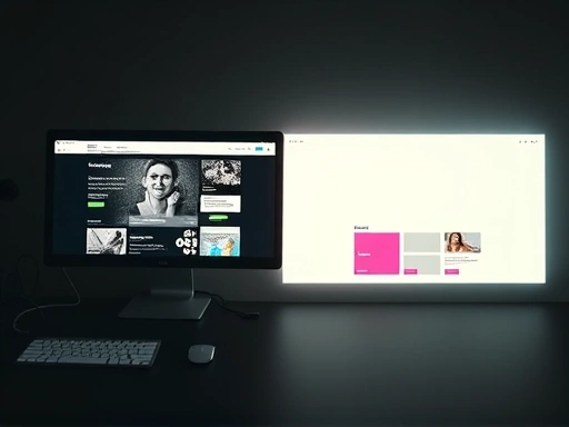 넓은 파노라마 시점에서, 오래된 느낌의 웹사이트 디자인과 최신 트렌드를 반영한 모던한 웹사이트 디자인이 대비되는 장면