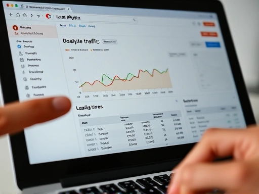 클로즈업 시점에서, 웹사이트 분석 도구(예: Google Analytics 대시보드) 화면이 노트북 모니터에 선명하게 나타나 있다.
