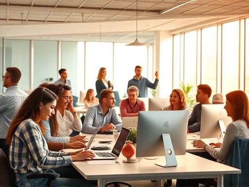깔끔하고 현대적인 사무실 공간에서 다양한 연령대의 사람들이 컴퓨터와 태블릿 앞에서 활발하게 협업하며 아이디어를 교환하는 모습
