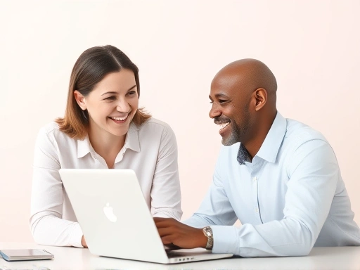 따뜻한 미소의 멘토가 노트북 화면 너머의 멘티에게 친근하게 조언하는 모습