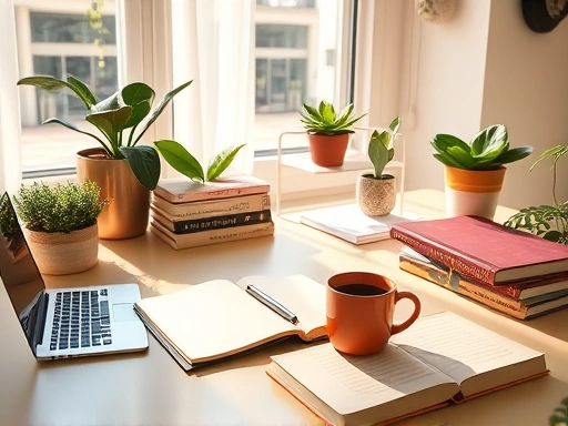 창의적인 아이디어가 가득한 따뜻한 서재 공간.