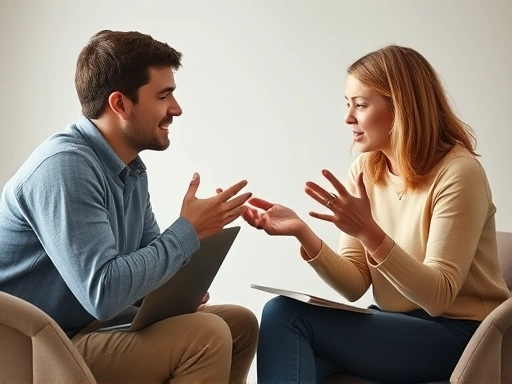 두 명의 사람이 마주 앉아 활발하게 대화하며 아이디어를 교환하고 있는 클로즈업 샷.