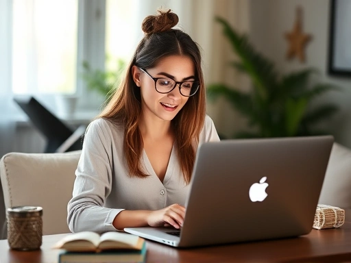 한 여성이 노트북 앞에서 블로그 목표를 설정하며, 긍정적인 분위기