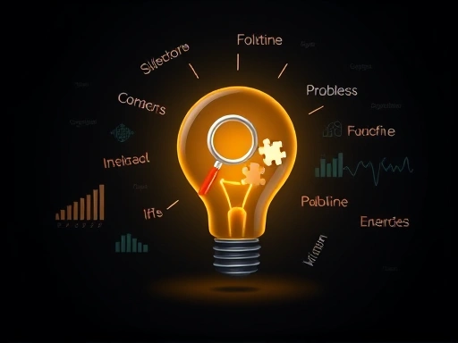 어두운 배경 위로 빛나는 전구 아이콘이 있고, 전구 안에 돋보기와 해결책을 상징하는 퍼즐 조각이 그려져 있습니다.