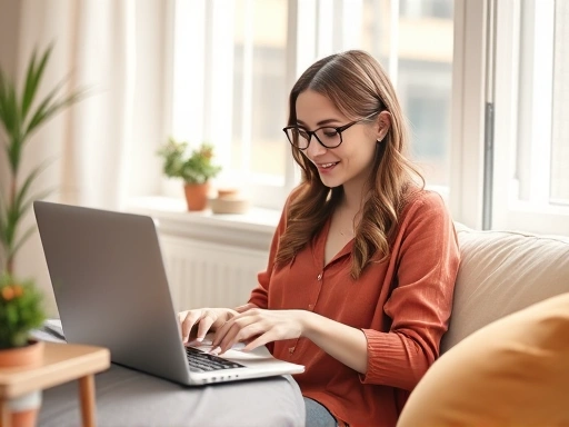 한 여성이 노트북으로 블로그를 운영하며, 긍정적인 분위기