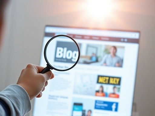 성장하는 블로그를 상징하는 돋보기를 들고 콘텐츠를 들여다보는 모습