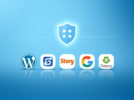 다양한 블로그 플랫폼 로고(워드프레스, 네이버 블로그, 티스토리 등)가 아이콘 형태로 나열되어 있고, 그 위로 방패 모양의 보호막 아이콘이 씌워져 있는 모습