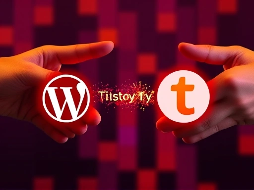 두 개의 손이 서로 다른 블로그 플랫폼을 상징하는 아이콘(예: WordPress와 Tistory 로고) 사이에서 데이터를 옮기는 듯한 제스처를 취하고 있습니다.