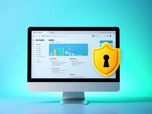 밝은 컴퓨터 화면에 블로그 관리자 페이지가 열려 있고, 옆에는 안전하게 잠긴 자물쇠 아이콘이 디지털 보호막처럼 표시되어 있습니다.