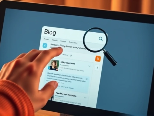 확대된 컴퓨터 화면 속에서 한 손이 마우스를 조작하며 블로그 콘텐츠를 검색하는 모습