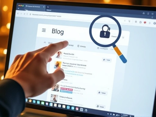 확대된 컴퓨터 화면 속에서 한 손이 마우스를 조작하며 블로그 콘텐츠를 검색하는 모습
