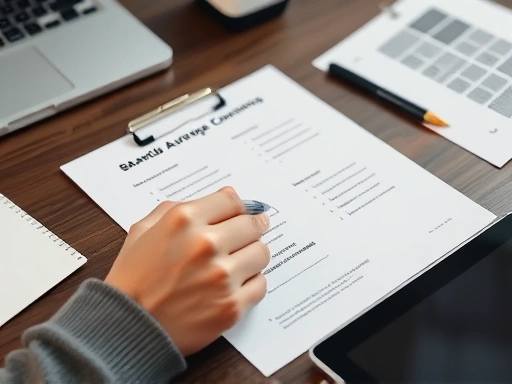 종이와 펜, 그리고 태블릿이 놓인 깔끔한 책상 위, 손이 직접 블로그 설문지 샘플을 작성하는 클로즈업 샷.